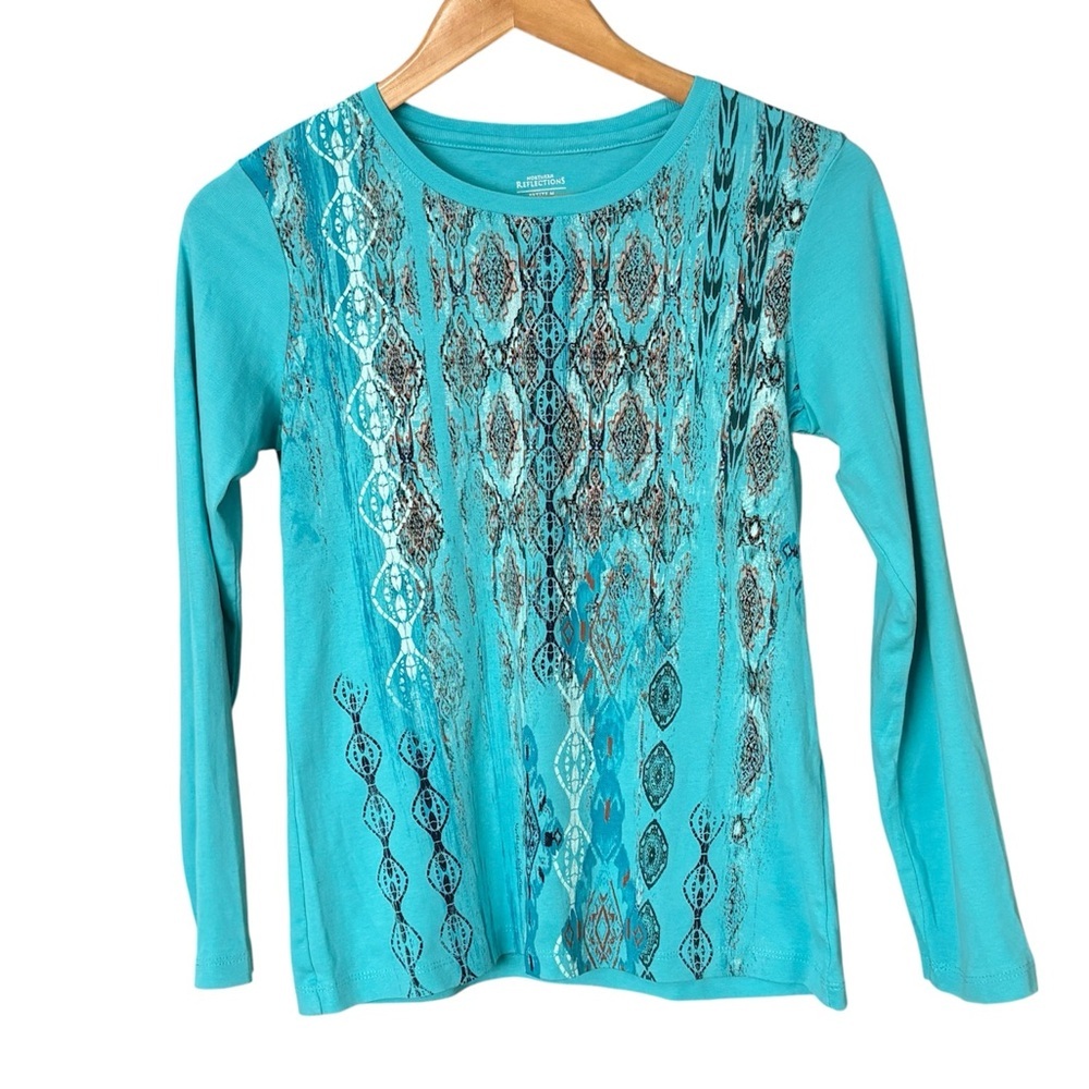 Northern Reflections Turquoise Ikat Graphic Long Sleeve Tee – Petite Medium